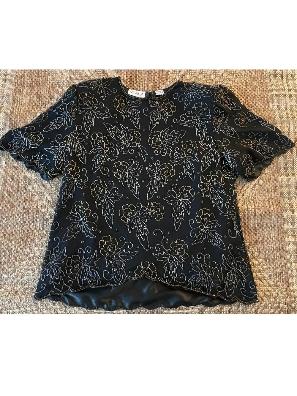 vintage SCALA BLACK silk and floral beaded short sleeve top